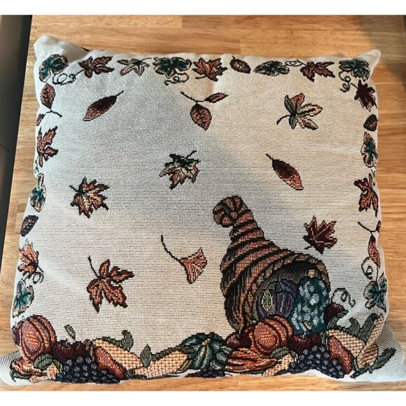 Fall Harvest Tapestry Throw Pillow Cornucopia & Leaves Design - Picture 1 of 7